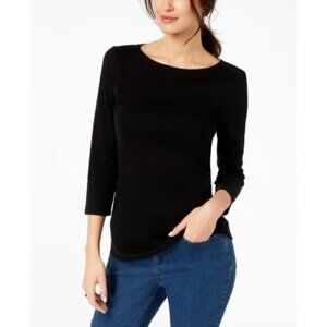 Charter Club Petite Black Pima Cotton Button-Shoulder 3/4 Sleeve Top NWT